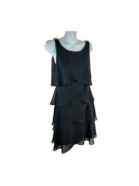 Robert Louis Dress Black Chiffon Round Neck Layered Lined Bling size S